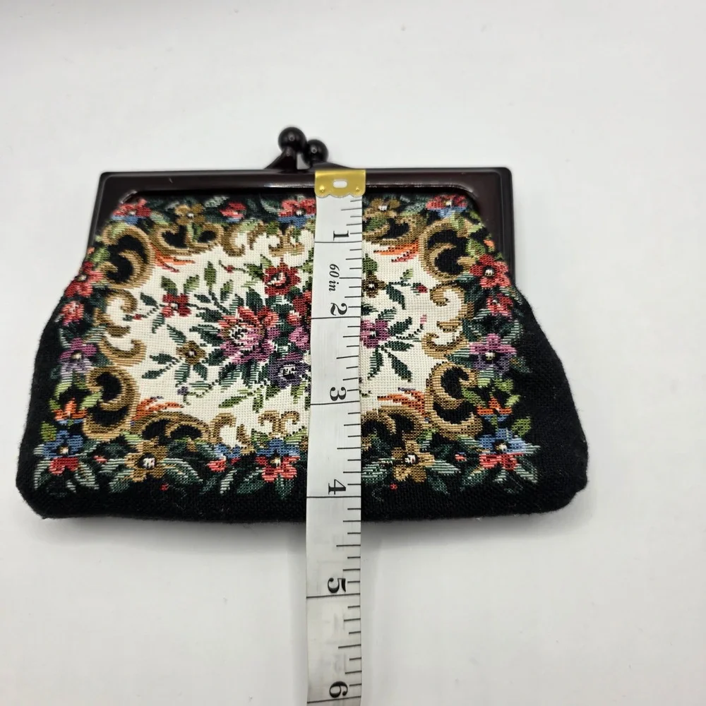 Vintage Floral Needlepoint Tapestry Clutch Faux Tortoise Lucite Frame Kiss Lock